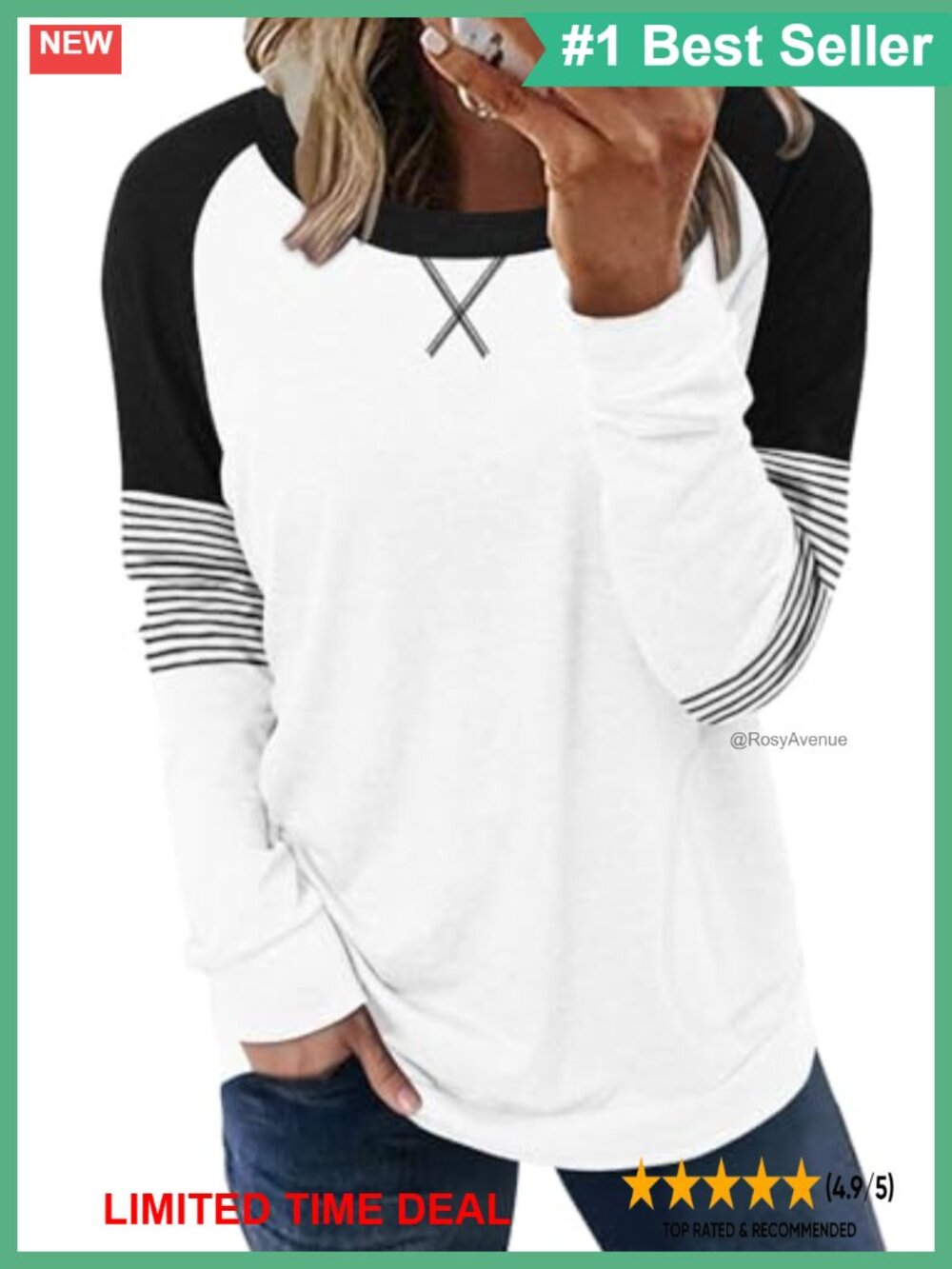 Long Sleeve T-Shirt Women Loose Fit Crew Neck Side Pockets Casual Top
